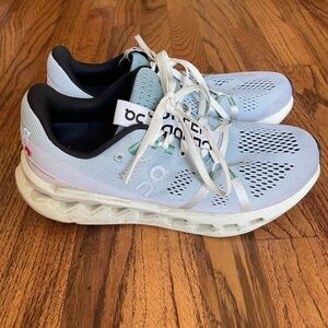 On Running Cloudsurfer  Light Blue and White Athletic Shoes